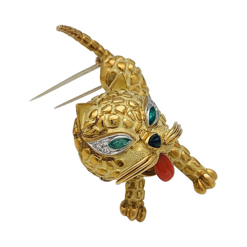 Broche Broche Mauboussin "Chat" en or jaune, corail, diamants et émeraudes. 58 Facettes 31757