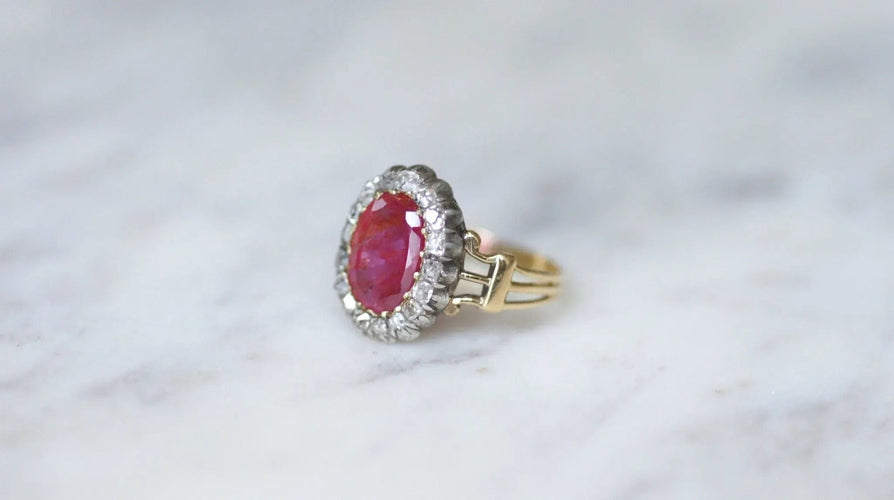 Bague 53 Bague marguerite Or jaune Argent Rubis birman Diamants 58 Facettes