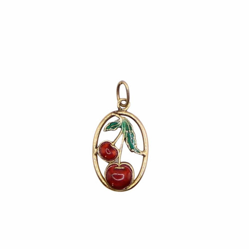 Pendentif Pendentif or jaune motif ovale avec une cerise en émail 58 Facettes