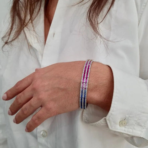 Bracelet Bracelet rivière saphirs multicolores diamants or blanc 58 Facettes