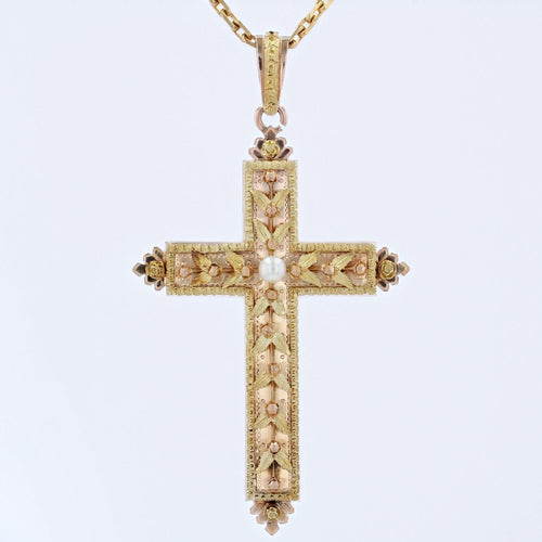 Pendentif Croix ancienne perle ors vert et rose 58 Facettes 22-539