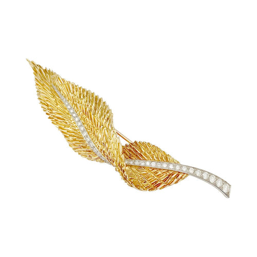 Broche Broche Hermès, "Plume", or jaune, platine, diamants. 58 Facettes 32105