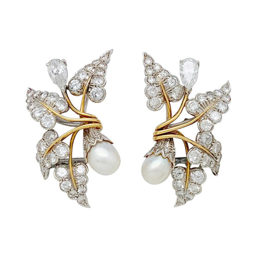 Boucles d'oreilles Boucles d'oreilles "Feuillage" bicolore, diamants et perles. 58 Facettes 31178