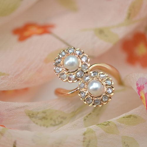 Bague 54 Bague ancienne duo marguerites perles diamants 58 Facettes 22-107