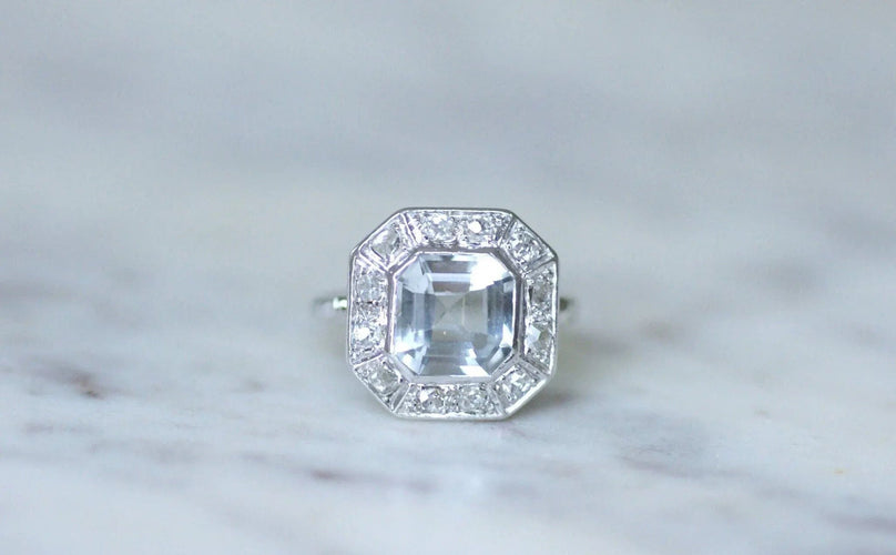 Bague Bague Art Déco hexagonale aigue-marine diamants 58 Facettes