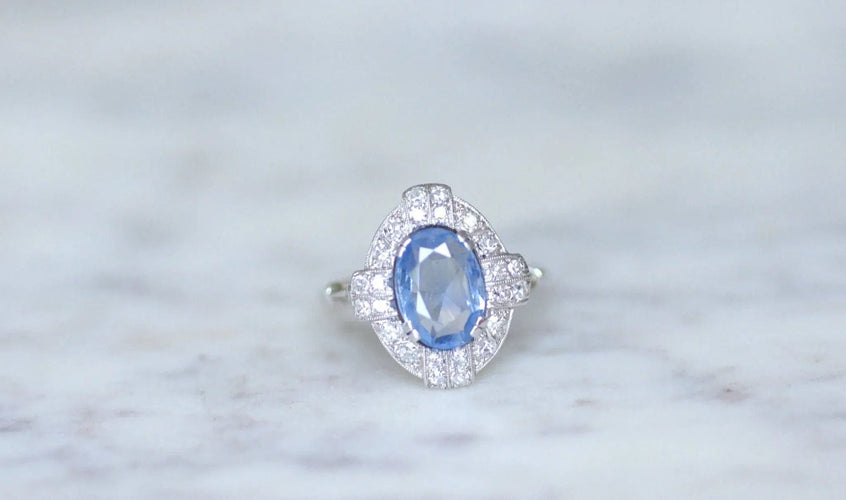 Bague 59 Bague Art Deco saphir Ceylan et diamants 58 Facettes