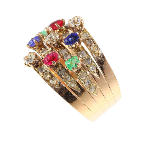 Bague 59 Une bague victorienne en pierres précieuses vieille de 140 ans - saphirs, rubis, émeraudes 58 Facettes 23360-0334