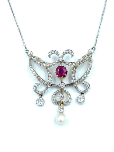 Collier Pendentif Négligé Belle Epoque or, platine, rubis et diamants 58 Facettes