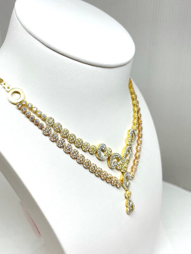 Collier Parure en or jaune, rose et blanc oxydes de zirconium 58 Facettes