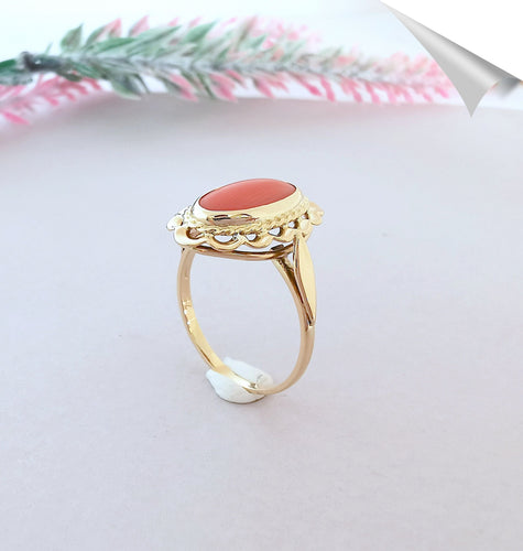 Bague 53 Parure Bague + Boucles d'oreilles, en or, Corail en cabochon 58 Facettes AA 1549