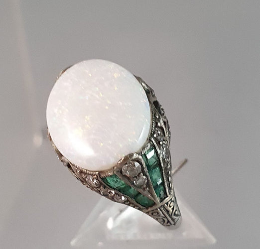 Bague 55 Bague Art Déco Argent Opale Emeraudes Diamants 58 Facettes