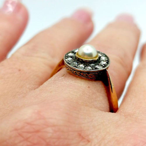 Bague 59 Bague Victorienne 2 ors, diamants, perles 58 Facettes 2721