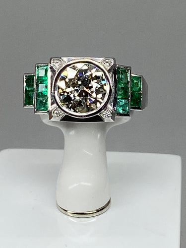 Bague 52 Bague Art Déco Platine, Diamant 1,55cts et Emeraudes 58 Facettes