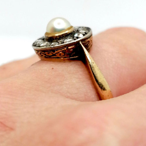 Bague 59 Bague Victorienne 2 ors, diamants, perles 58 Facettes 2721