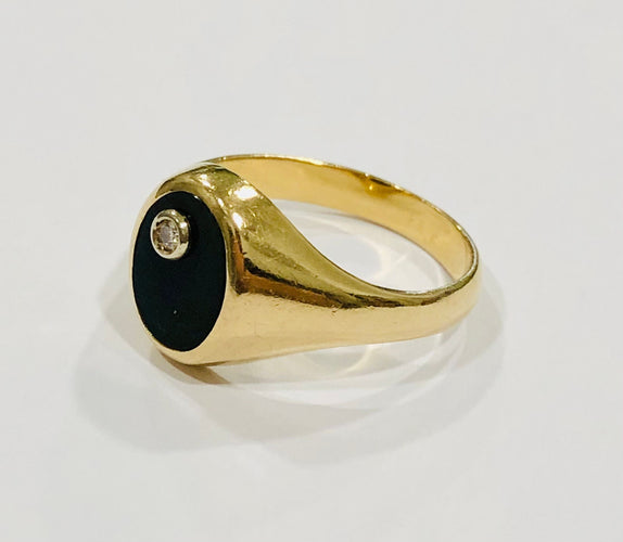 Bague 57.5 Chevalière or jaune onyx et diamant 58 Facettes