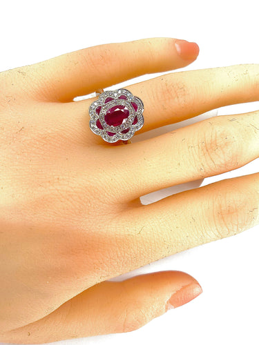 Bague 51 Bague marguerite Or blanc Rubis et Diamants 58 Facettes AB218