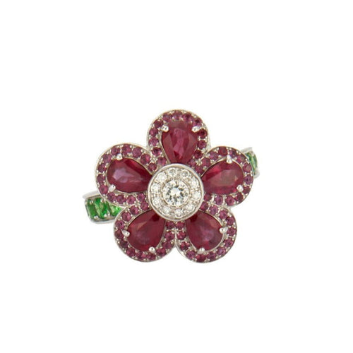 Bague 55 Bague Fleur Rubis Diamants Tsavorites 58 Facettes 325R158