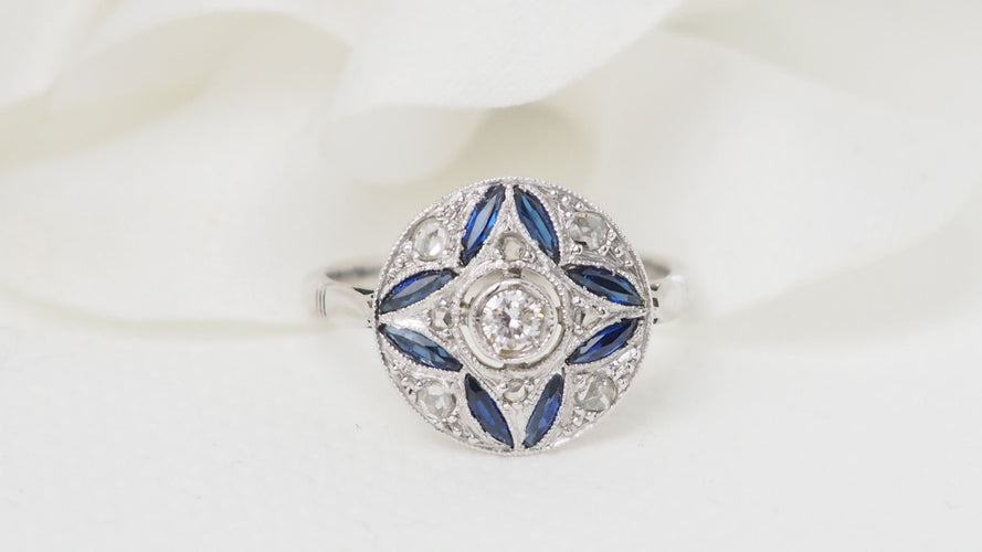 Bague 51 Bague Art Déco Or blanc Saphir Diamants 58 Facettes 32454