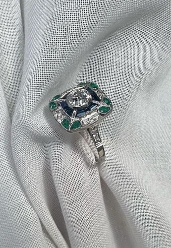 Bague 55 Bague style Art Déco Platine Diamant Saphirs Emeraudes 58 Facettes