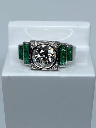 Bague 52 Bague Art Déco Platine, Diamant 1,55cts et Emeraudes 58 Facettes