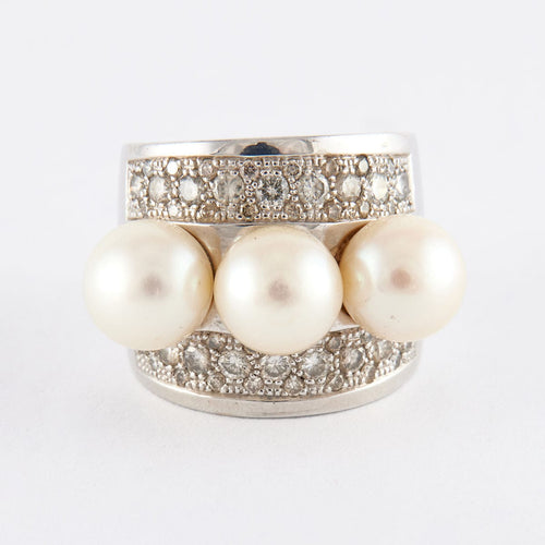 Bague Bague en or gris, diamants, perles 58 Facettes