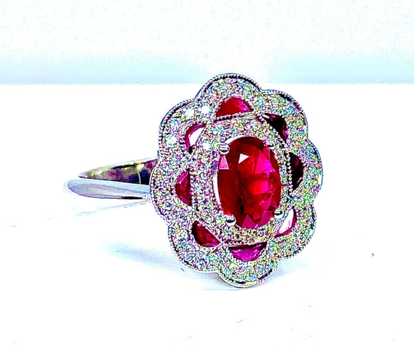 Bague 51 Bague marguerite Or blanc Rubis et Diamants 58 Facettes AB218