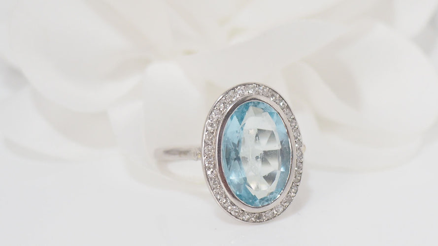 Bague Bague Pompadour en platine, aigue marine et diamants 58 Facettes