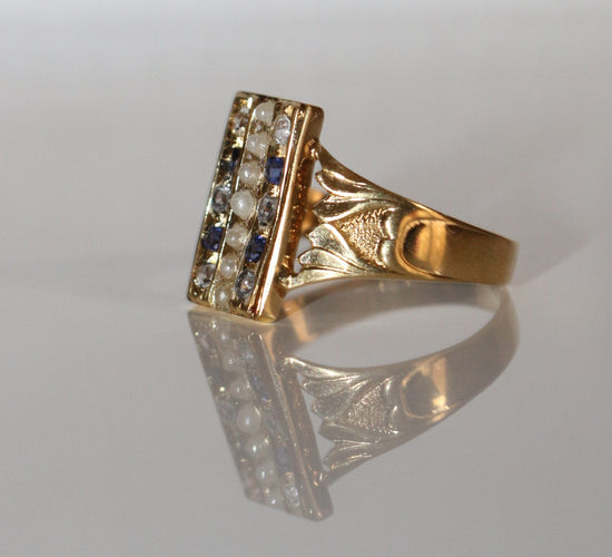 Bague 61 Bague Or Jaune Chaton Rectangulaire Perles Et Pierres 58 Facettes 499