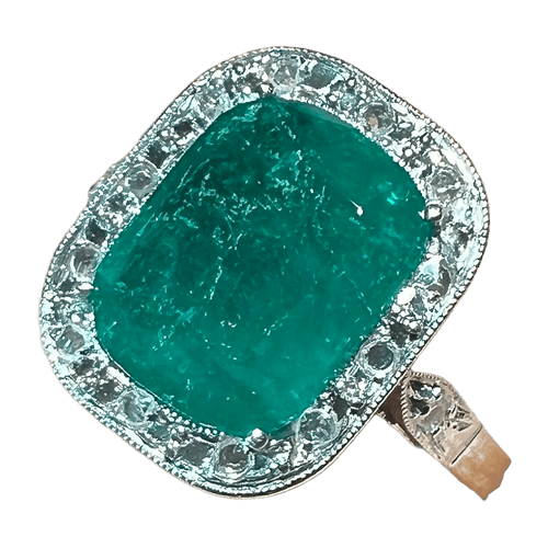 Bague 53 Bague Art Déco Or blanc Émeraude Diamants 58 Facettes