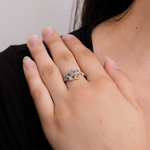 Bague 54 Bague panthère en Or jaune, saphirs & diamants 58 Facettes