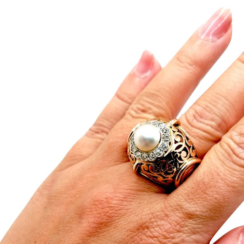 Bague 61 Bague or jaune perle et diamants 58 Facettes 2549