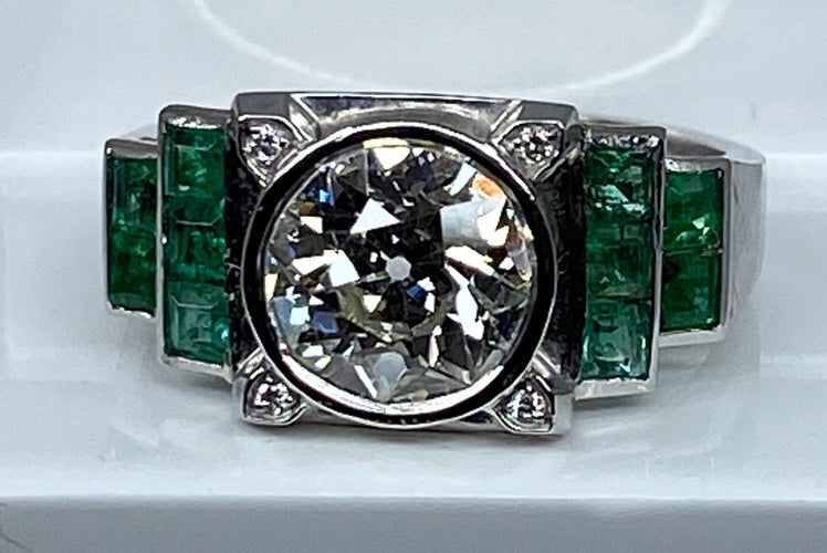 Bague 52 Bague Art Déco Platine, Diamant 1,55cts et Emeraudes 58 Facettes
