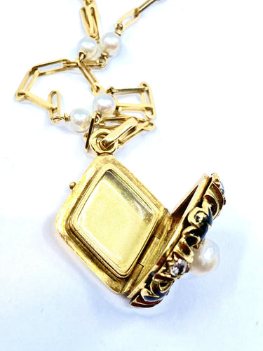 Collier Pendentif sur chaîne émail perles diamants Napoléon III 58 Facettes