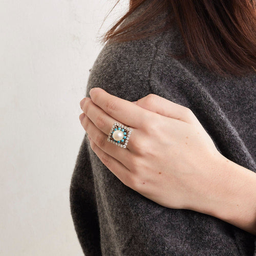 Bague 51 Bague Carrée Perle Turquoises Diamants 58 Facettes 230437