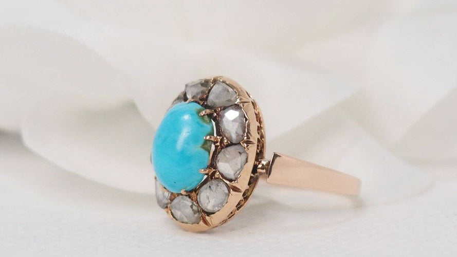 Bague Bague ancienne or rose turquoise et diamants taille rose 58 Facettes 30706