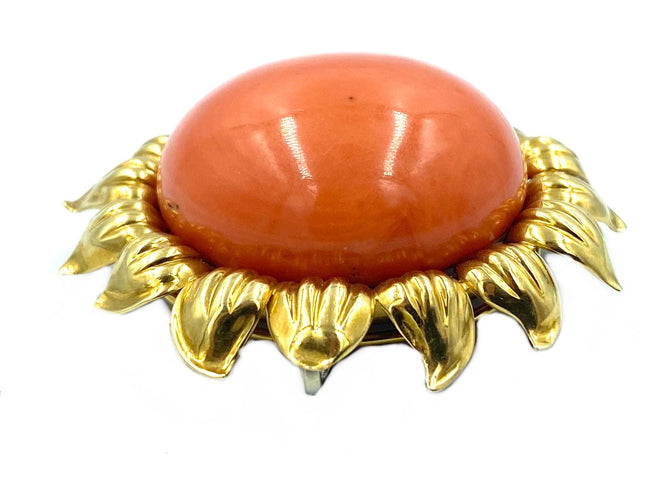 Broche Importante broche 1960 or jaune et corail 58 Facettes