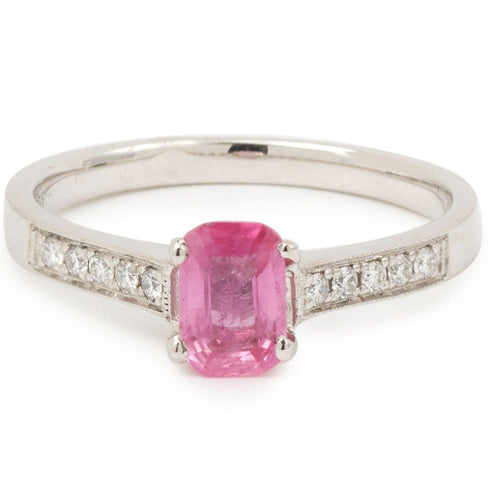 Bague Bague en or gris, saphir rose rectangle, coussin, diamants 58 Facettes BSR62