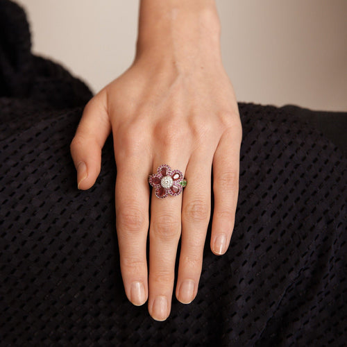 Bague 55 Bague Fleur Rubis Diamants Tsavorites 58 Facettes 325R158