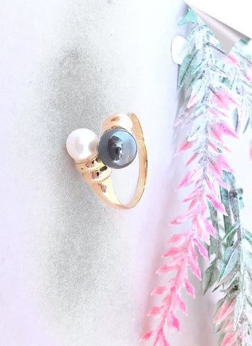 Bague Bague " Toi et Moi " Perle de culture Hématite 58 Facettes AA 1542