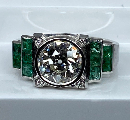 Bague 52 Bague Art Déco Platine, Diamant 1,55cts et Emeraudes 58 Facettes