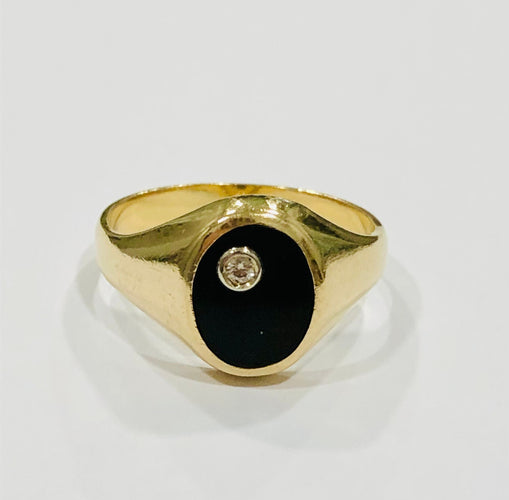 Bague 57.5 Chevalière or jaune onyx et diamant 58 Facettes