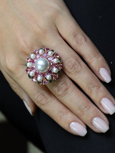 Bague 54 Bague de cocktail Perles Saphirs de couleur 58 Facettes 2976