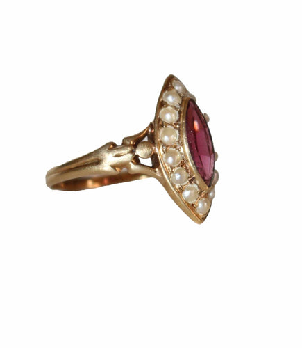Bague 50.5 Bague Marquise Napoléon III Or Jaune, Perles Et Grenat 58 Facettes 496