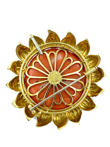 Broche Importante broche 1960 or jaune et corail 58 Facettes