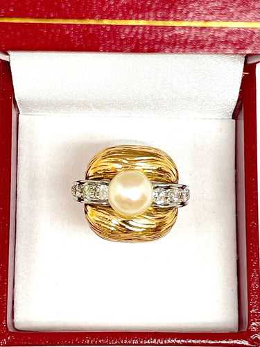 Bague Bague en or jaune diamants taille ancienne et perle 58 Facettes