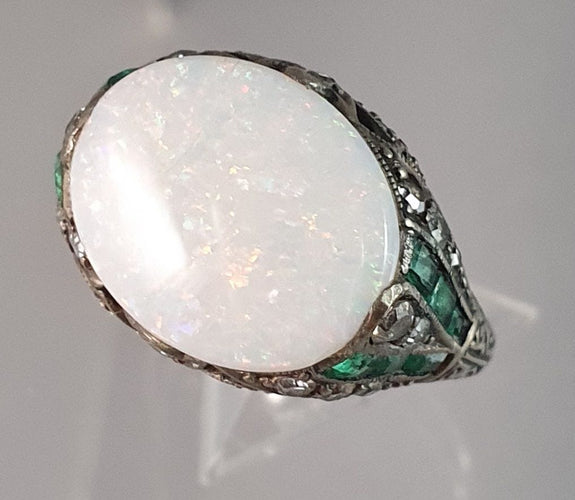 Bague 55 Bague Art Déco Argent Opale Emeraude Diamants 58 Facettes