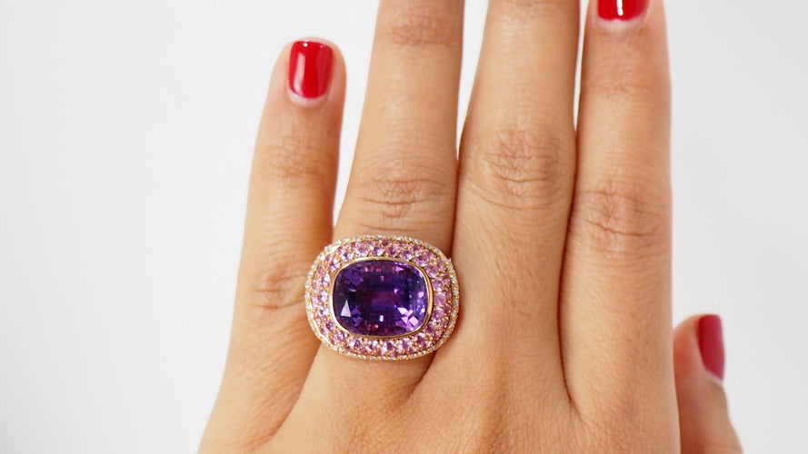 Bague Bague or jaune améthyste diamants tourmalines roses 58 Facettes 31045