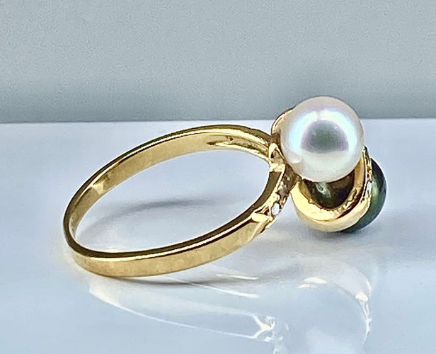 Bague 50.5 Bague en or jaune 18 carats, perle de Tahiti, perle de culture blanche et diamants 58 Facettes AB264