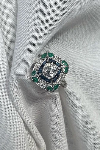 Bague 55 Bague style Art Déco Platine Diamant Saphirs Emeraudes 58 Facettes