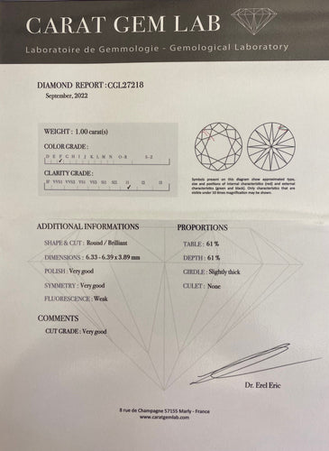 Pendentif Pendentif diamant 1.00ct F P1 certifié 58 Facettes